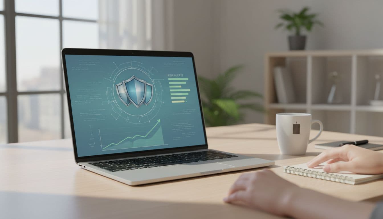 Clean modern office desk with a centered laptop displaying a merchant dashboard featuring security shields and low-risk alerts, coffee cup and notepad nearby, bright daylight illuminating a professional atmosphere.