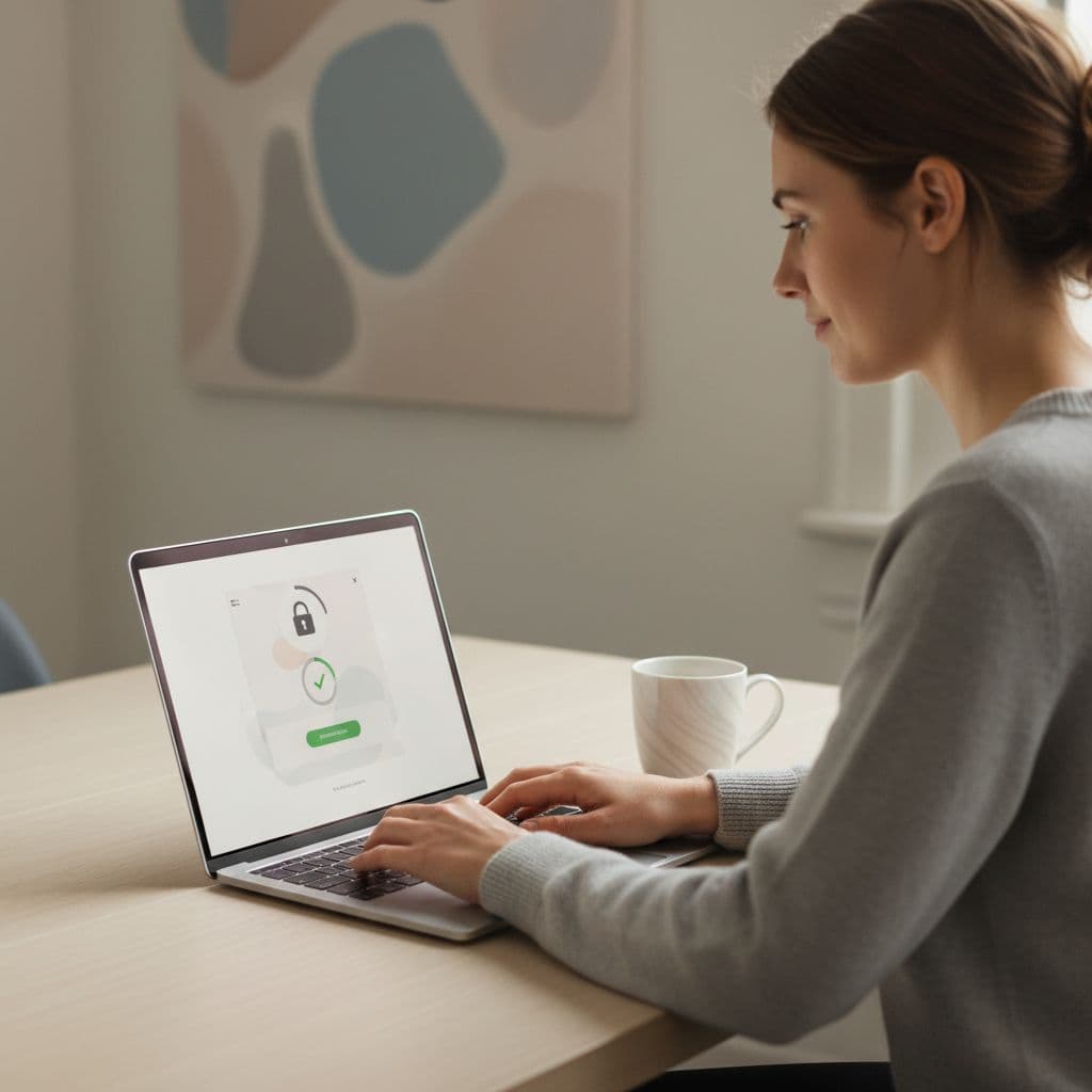 A person sits at a clean wooden desk viewing an online payment screen on a modern laptop. Beside the keyboard, a ceramic coffee mug rests while soft natural light illuminates workspace.