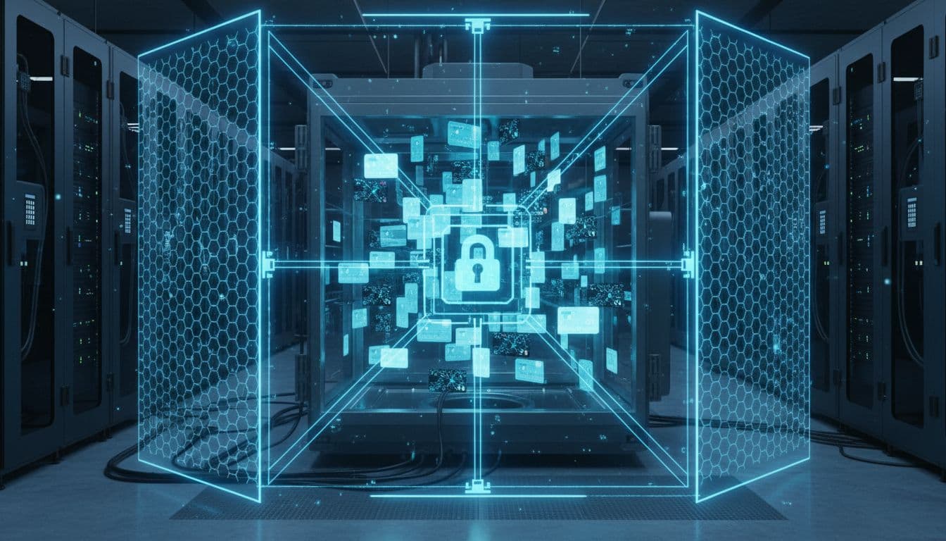 Glowing token cards fill a secure digital vault with locked servers and holographic locks in a modern data center.