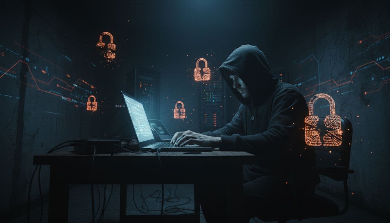 A shadowy figure seated at a desk in a dark room, typing on a laptop illuminated by faint screen glow, with floating broken padlock icons evoking a cyber fraud atmosphere.
