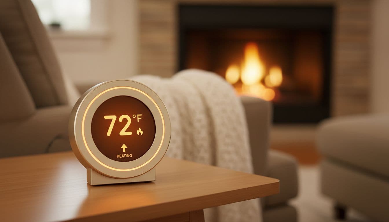 A simple reflex AI agent depicted as a thermostat in a cozy home setting, reacting to a temperature change by turning on heat. Single device on a table with warm lighting, realistic style, no people, no text, or extra objects.