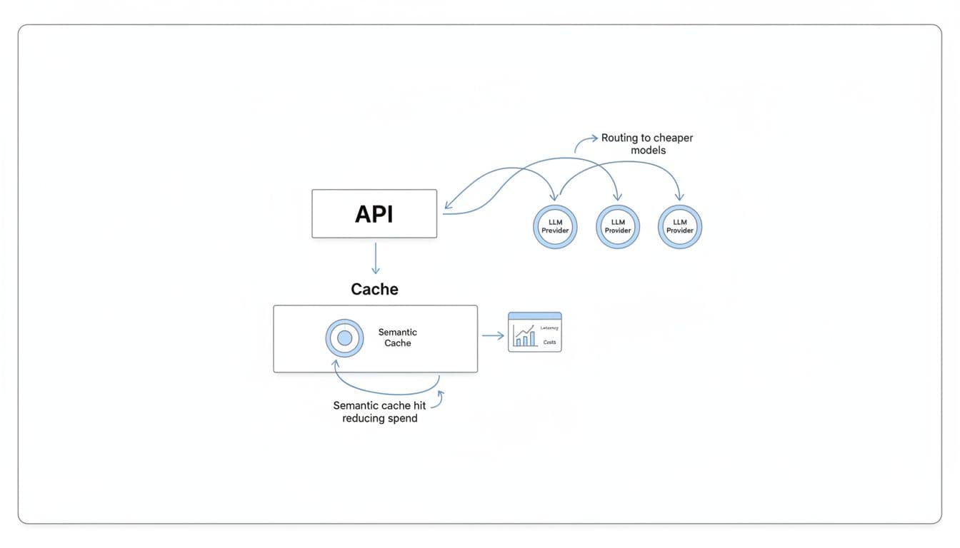 Minimalistic diagram illustrating a central API endpoint connecting to multiple LLM providers via arrows for smart routing to cheaper models and a semantic caching layer, with a dashboard icon showing latency and costs.