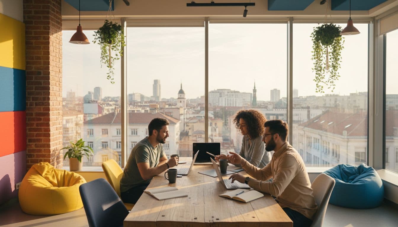 Young diverse professionals collaborating around a table with laptops and coffee in a vibrant tech startup office in Sofia, Bulgaria, with large windows showing the city skyline and warm natural daylight.