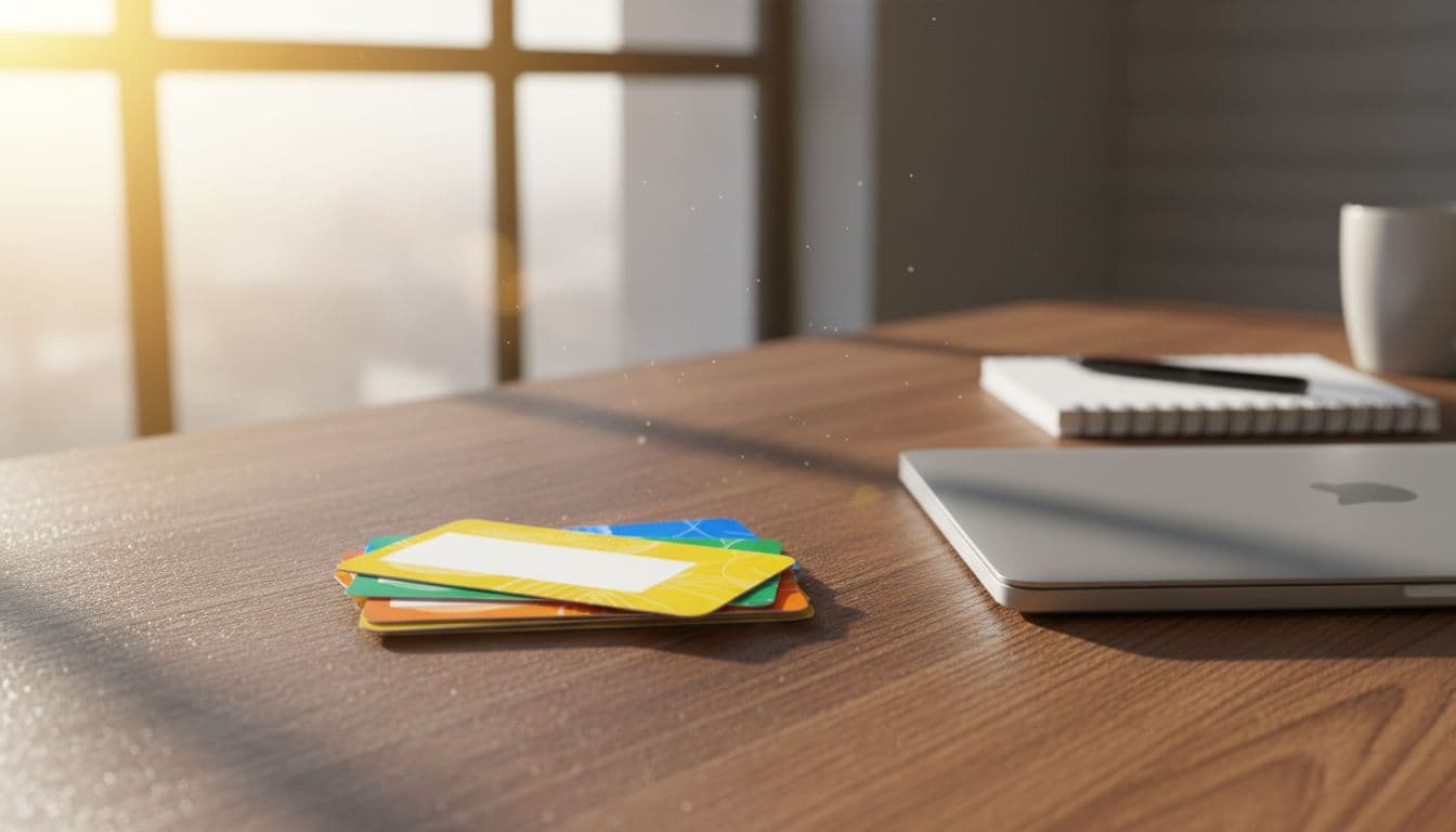 A neat stack of four colorful credit vouchers and promotional cards on a wooden entrepreneur desk next to a closed laptop and notepad, lit by bright morning window light in photorealistic style, no people or text present.
