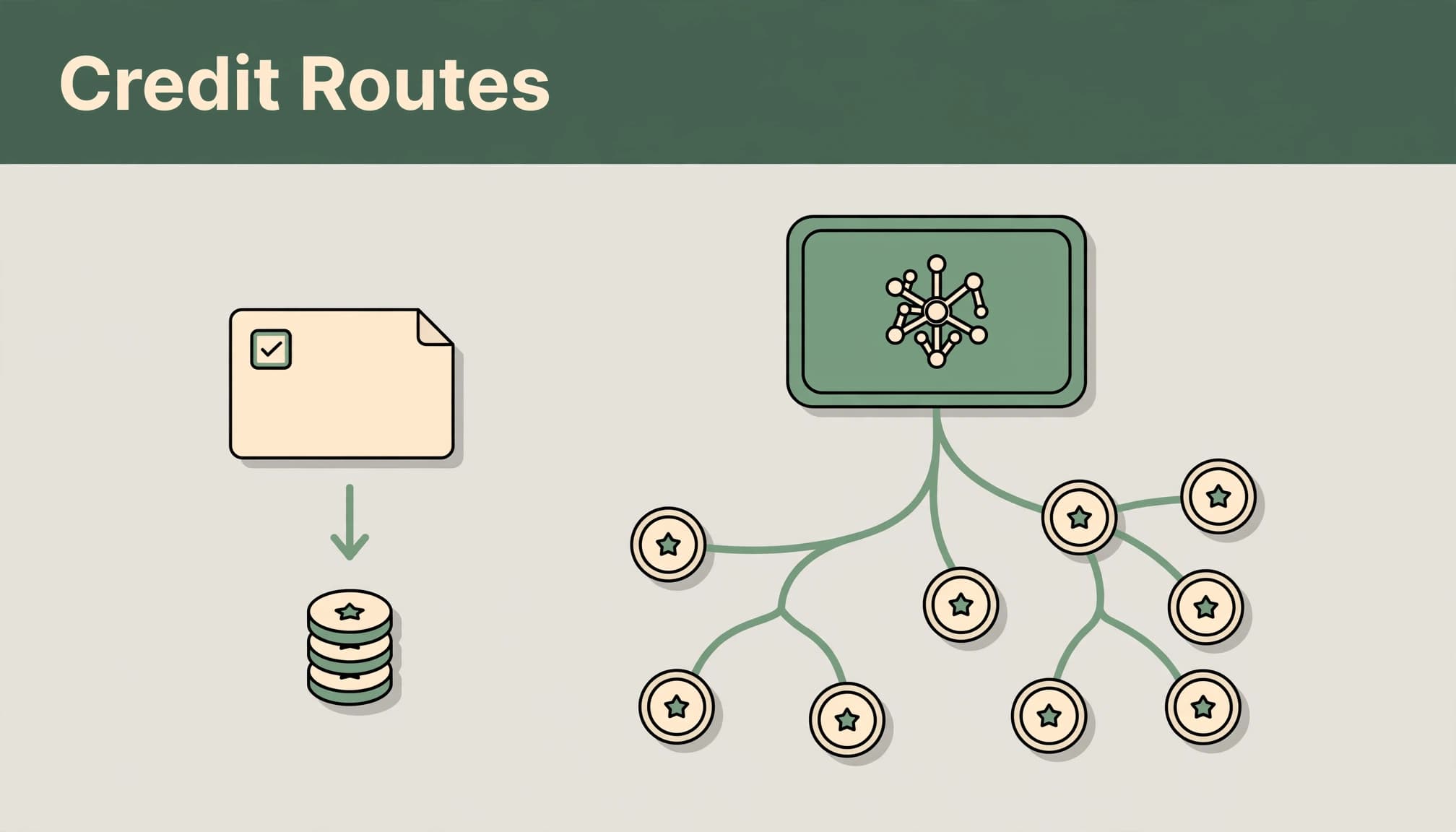 An editorial illustration titled Credit Routes showing a single card and a branching provider route.
