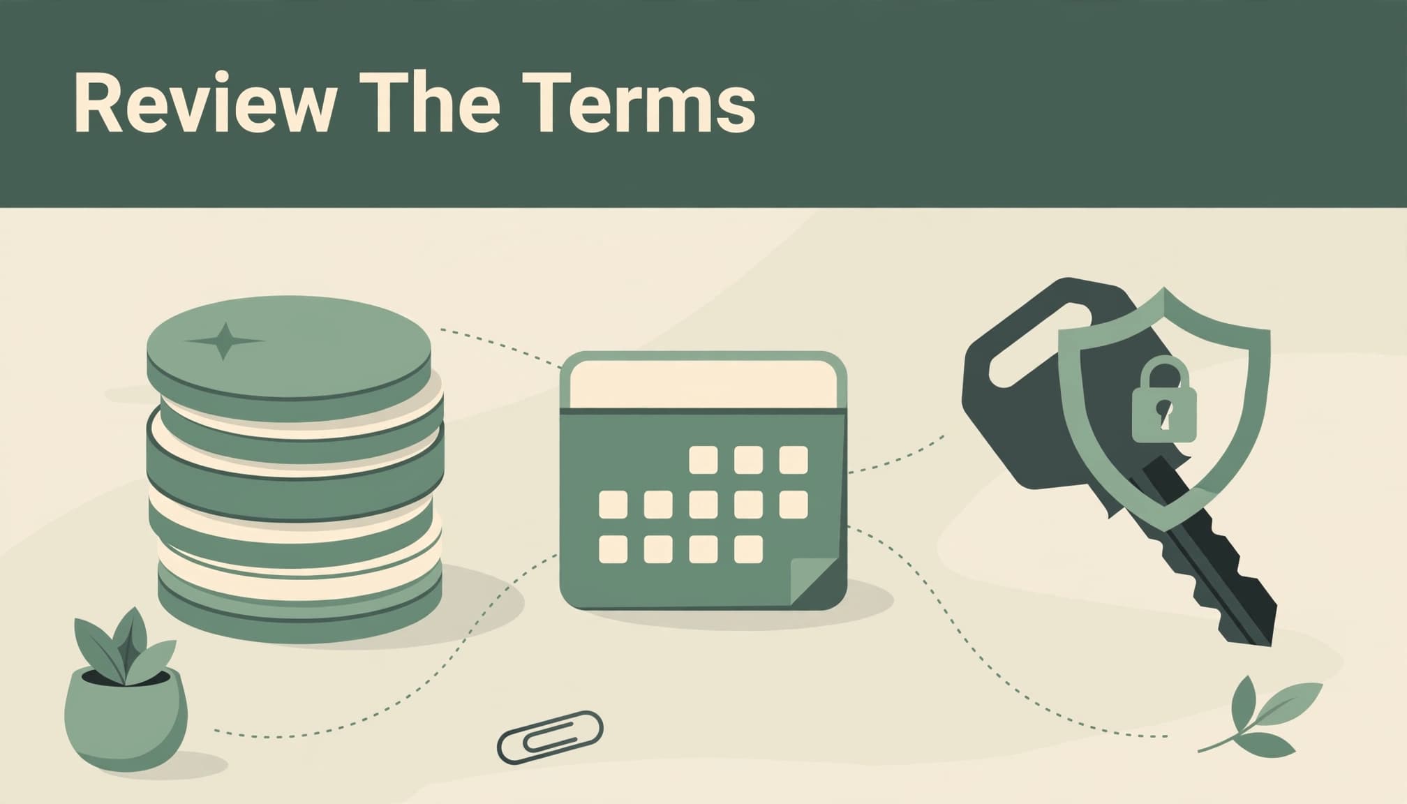Illustration with headline Review The Terms, showing a stack of tokens, calendar, and key.