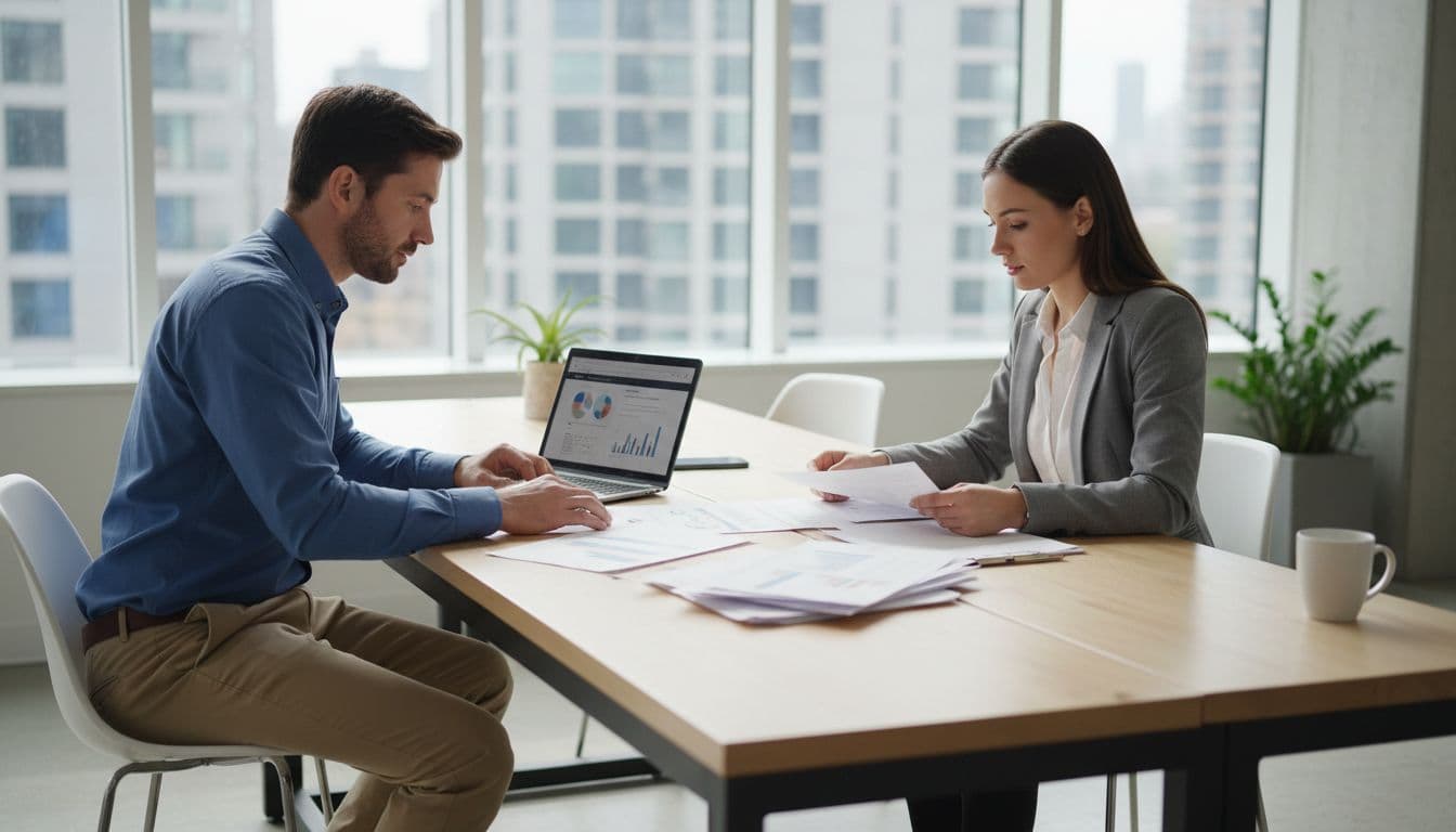 Man and woman in business casual review documents side-by-side at a shared desk with laptops and coffee mug in modern open office.