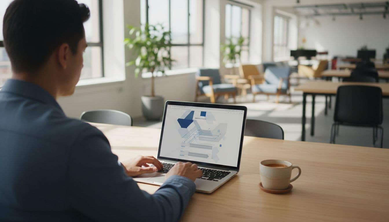A relaxed startup founder sits at a desk in a bright co-working space, reviewing the Cloudflare startup application on a laptop screen at an angle, with coffee nearby and natural daylight illuminating the scene.