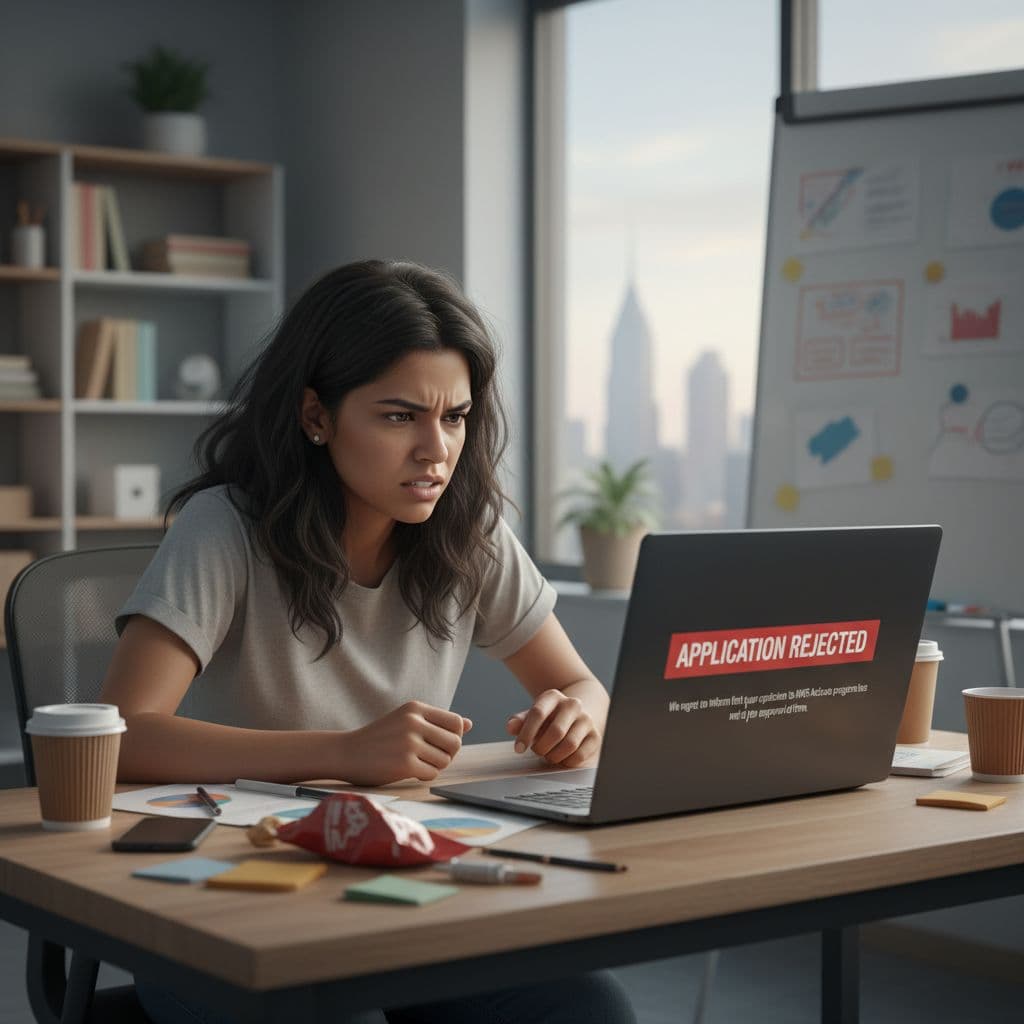 A frustrated startup founder sits at a desk looking at an application rejection on a laptop.