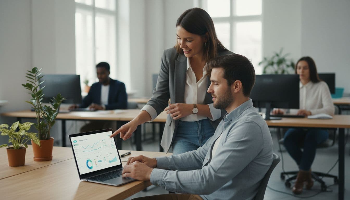 Two startup founders discuss financial planning while reviewing data on a laptop screen in a modern office.