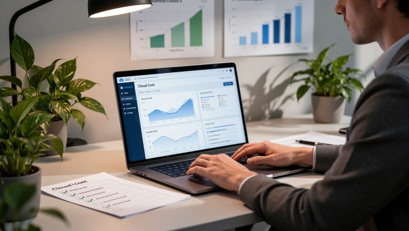 Team member at desk with open laptop on blurred spend dashboard, checklist nearby, growth charts in background, modern workspace with plants.