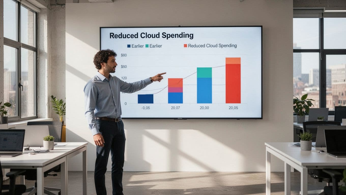 One person in modern office points at large screen showing before-and-after bars of reduced AWS cloud spend.
