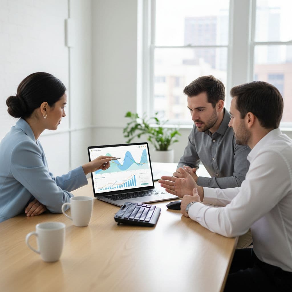 Three professionals gather around a desk to review abstract financial charts on a laptop screen.