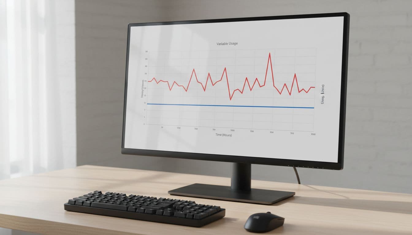 Clean line graph on a computer screen displaying a steady flat blue usage line and a variable spiky red line over time, on a modern office desk with keyboard, natural daylight, realistic style, one screen only.