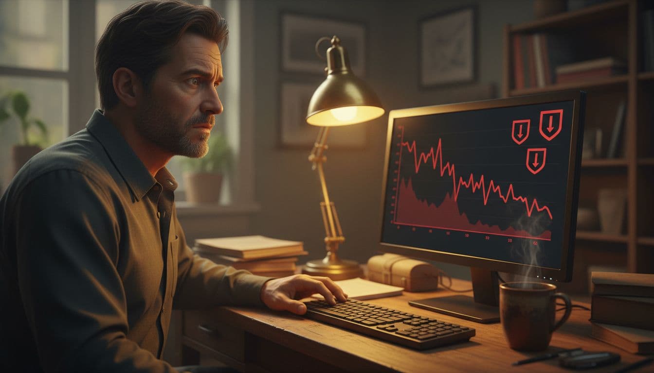 A concerned merchant sits at a desk in a small office, staring at a computer screen showing red downward-trending graphs and chargeback alert notifications, with a coffee mug nearby under warm desk lamp lighting.