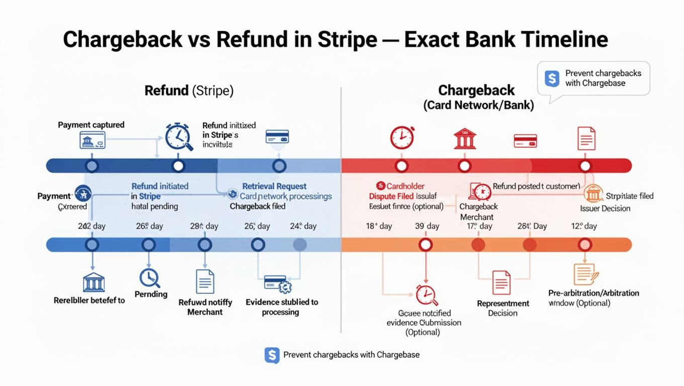 Clean, modern infographic with two parallel timelines comparing Stripe refund process (blue) and chargeback process (red/orange), showing key milestones, days, and steps like initiation, processing, evidence submission, and final outcomes.
