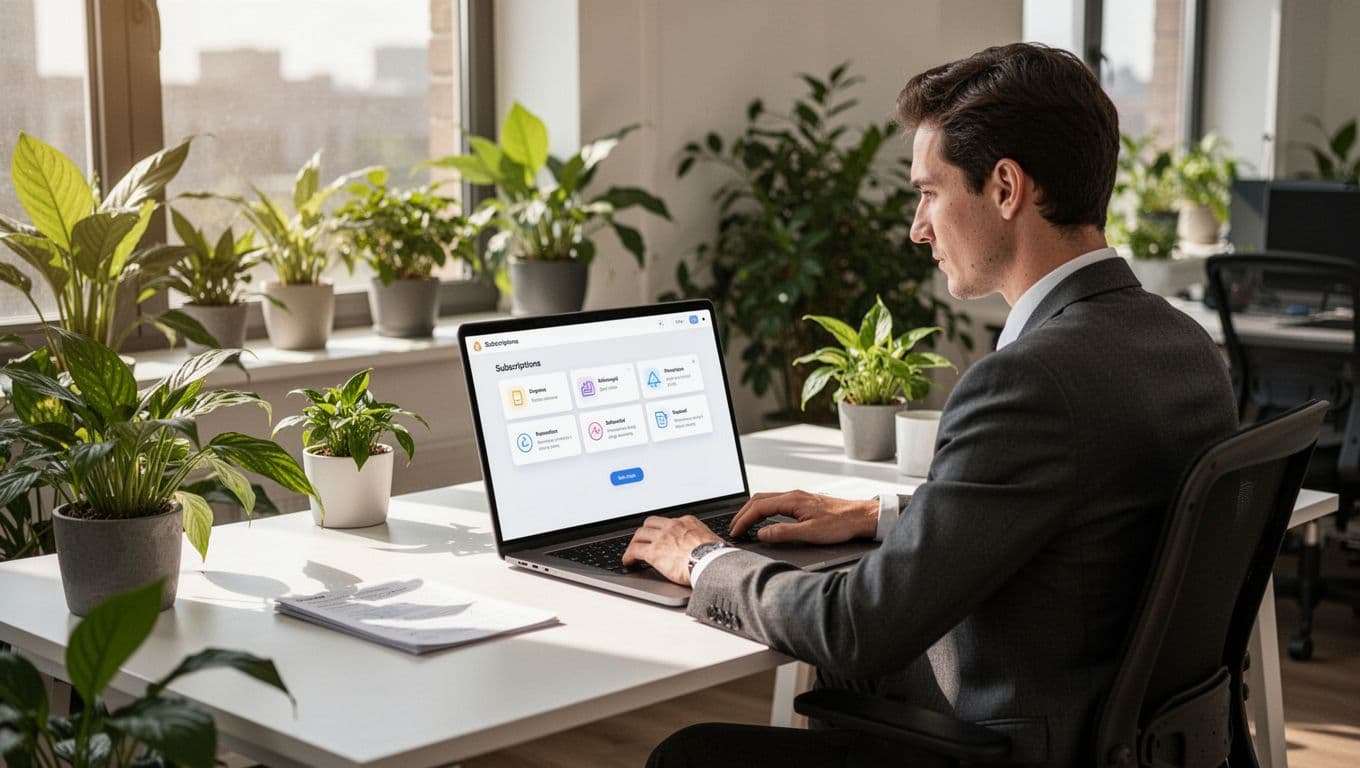 Office desk with one person viewing computer screen showing e-commerce dashboard, renewal reminders, and prominent cancel button amid plants and sunlight.