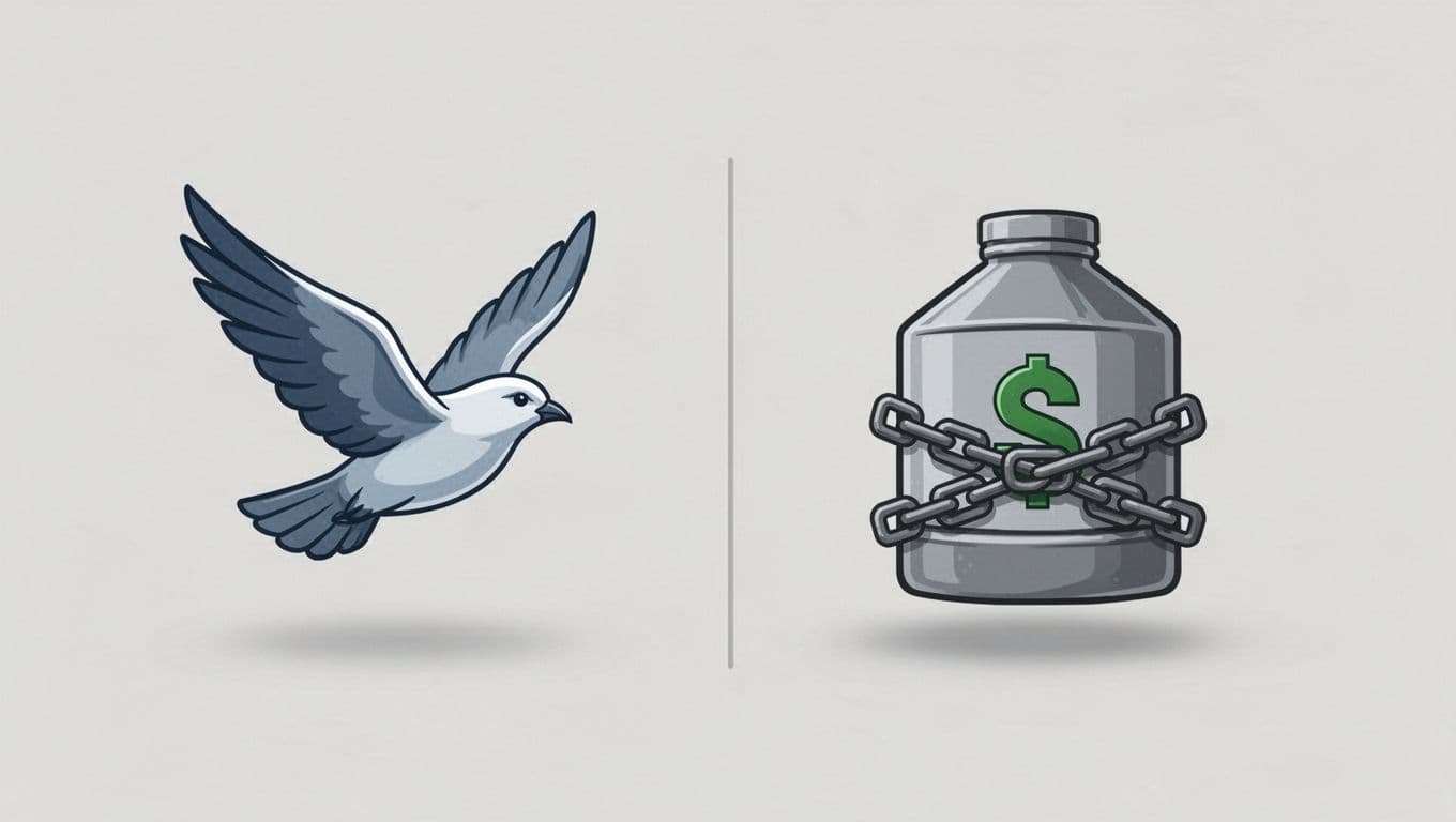 Side-by-side icons contrasting flexible SUD automatic discount with a free bird against locked-in CUD contract with a chained resource, in professional infographic style on neutral background.