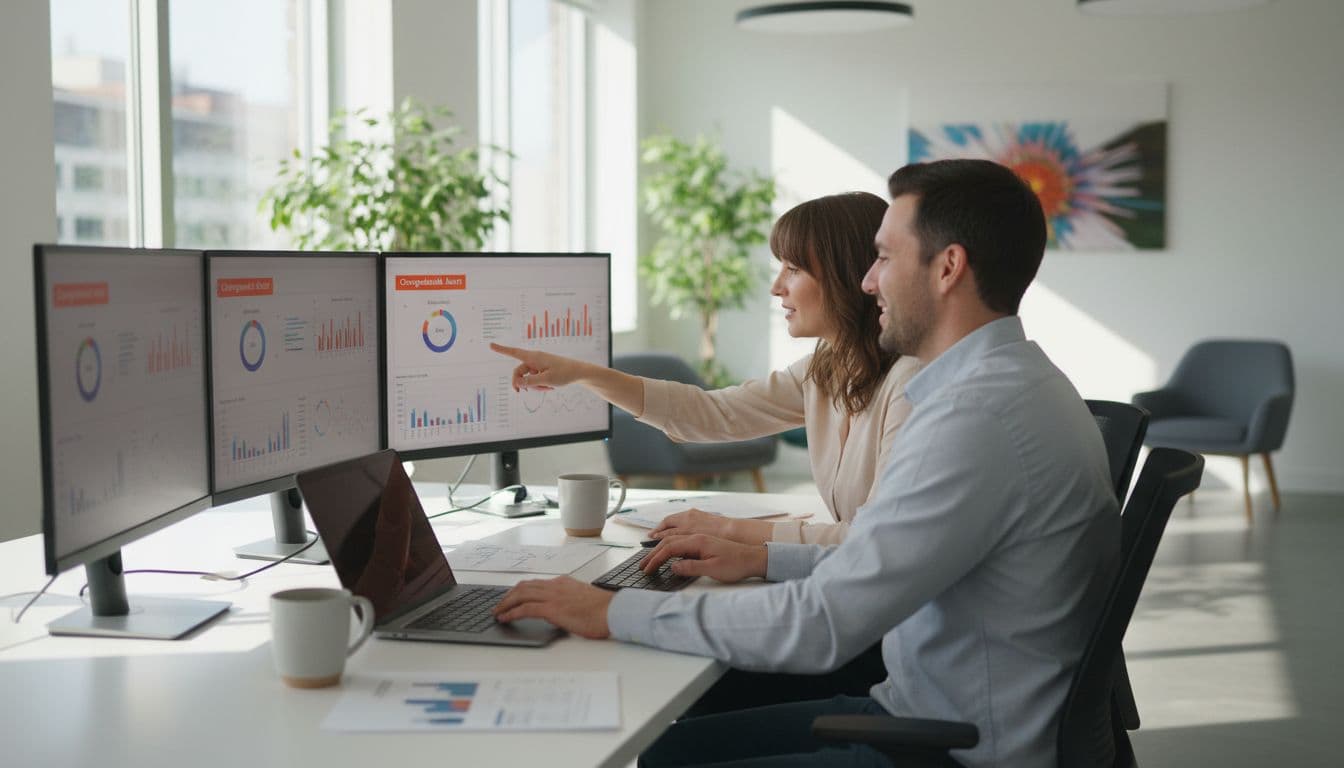 In a modern office, a support team of two reviews chargeback alerts on multiple computer screens in a collaborative setting with laptops, coffee mugs, and natural daylight.