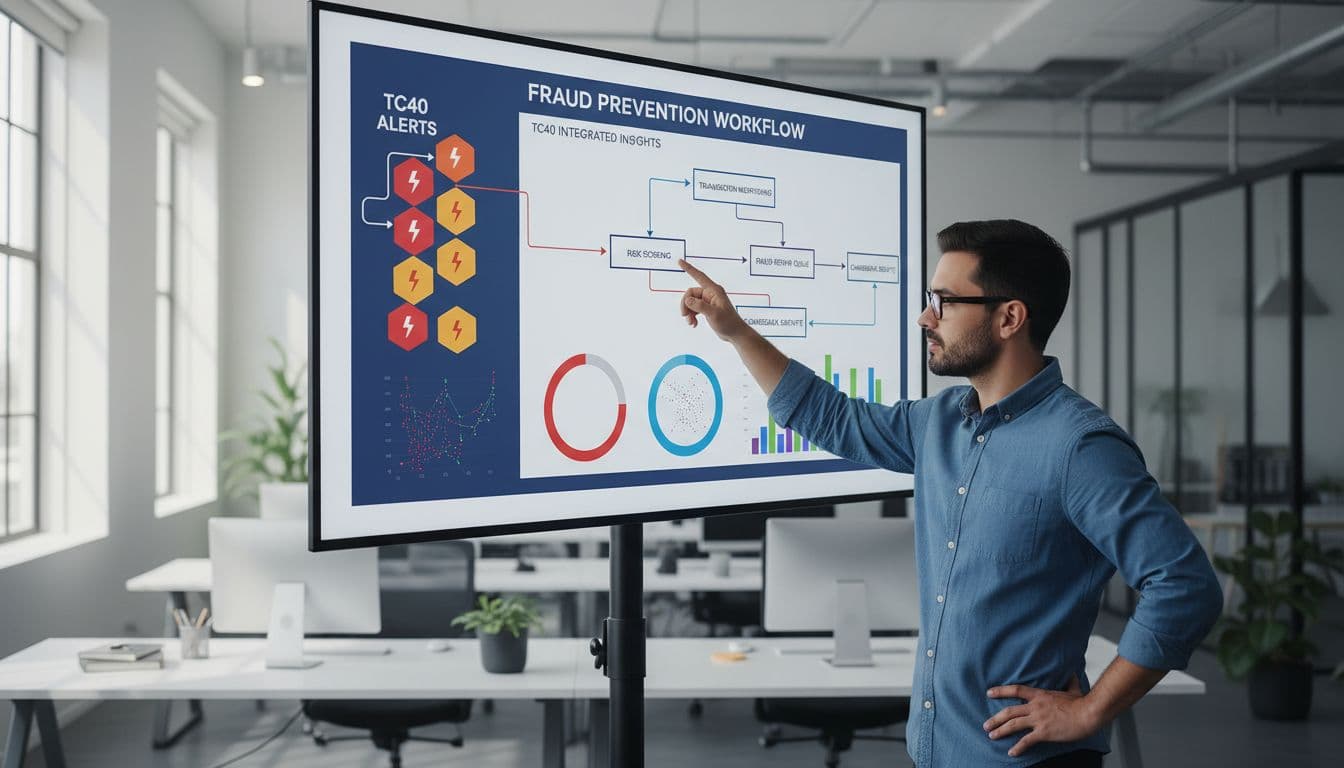 Analyst points at screen showing fraud prevention workflow with TC40 alerts and charts in ecommerce office.