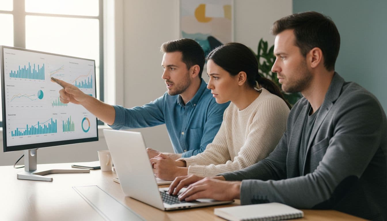A team of three professionals in a modern office reviews payment data on laptops and charts around a conference table, with one pointing to graphs on a screen, natural daylight illuminating their concentrated expressions.