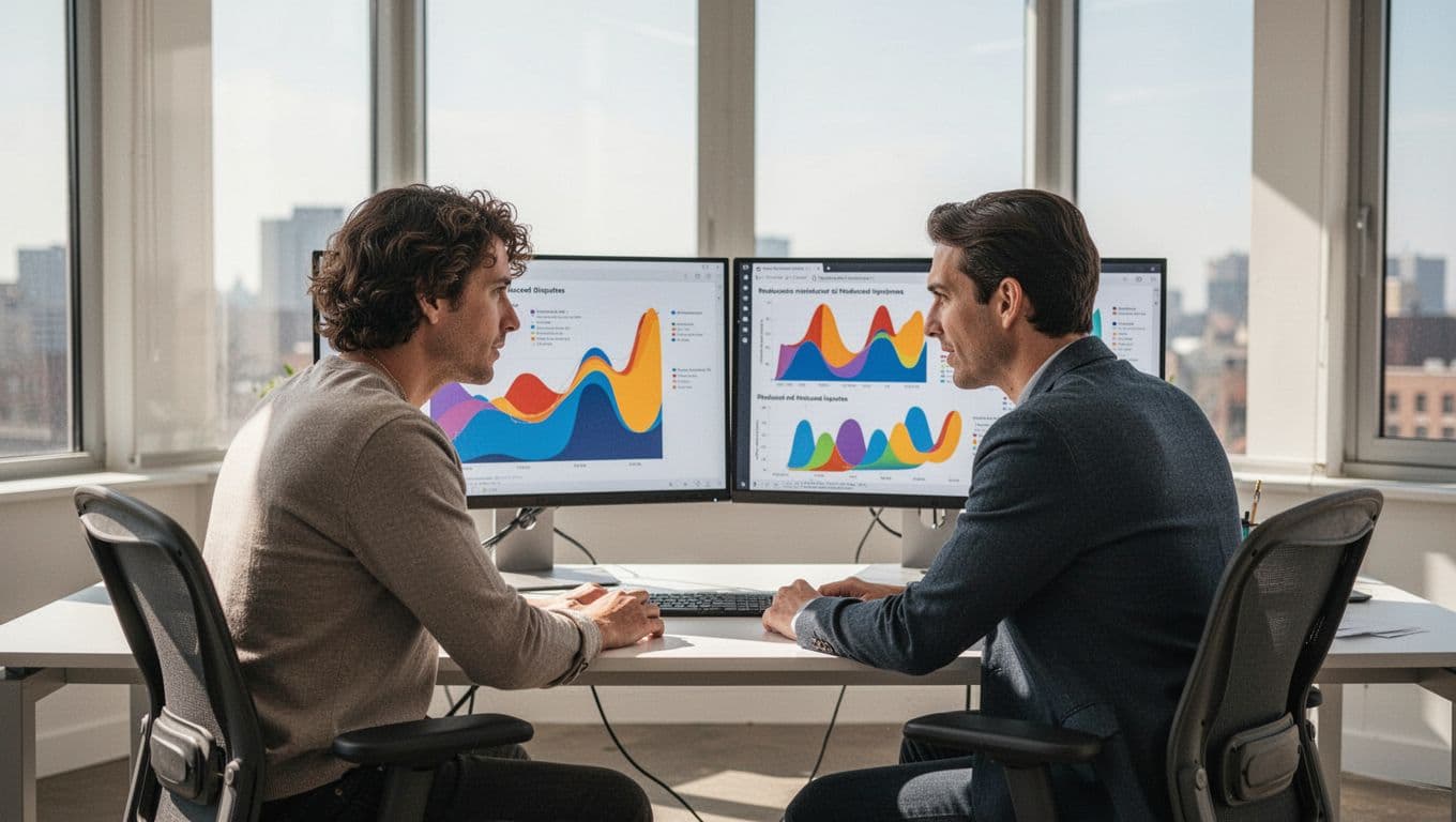 Two team members in bright office discuss chargeback reports on dual monitors with charts showing reduced disputes.