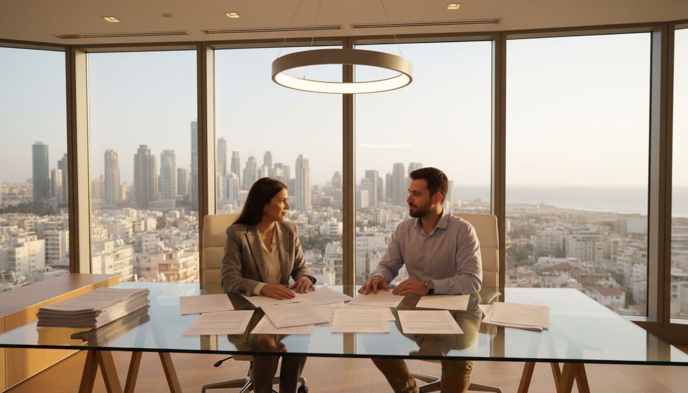 Modern Tel Aviv office featuring two professionals, one Israeli and one foreign, relaxedly reviewing hiring documents at a desk with a city skyline view through the window. Realistic style with professional lighting, landscape orientation, no devices, text, or extra people.