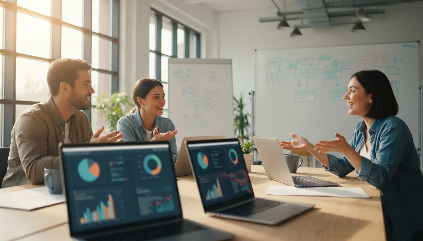 Three software developers excitedly collaborate around laptops showing blurred AI model comparison charts in a bright hackathon workspace with whiteboards, coffee mugs, and natural daylight.