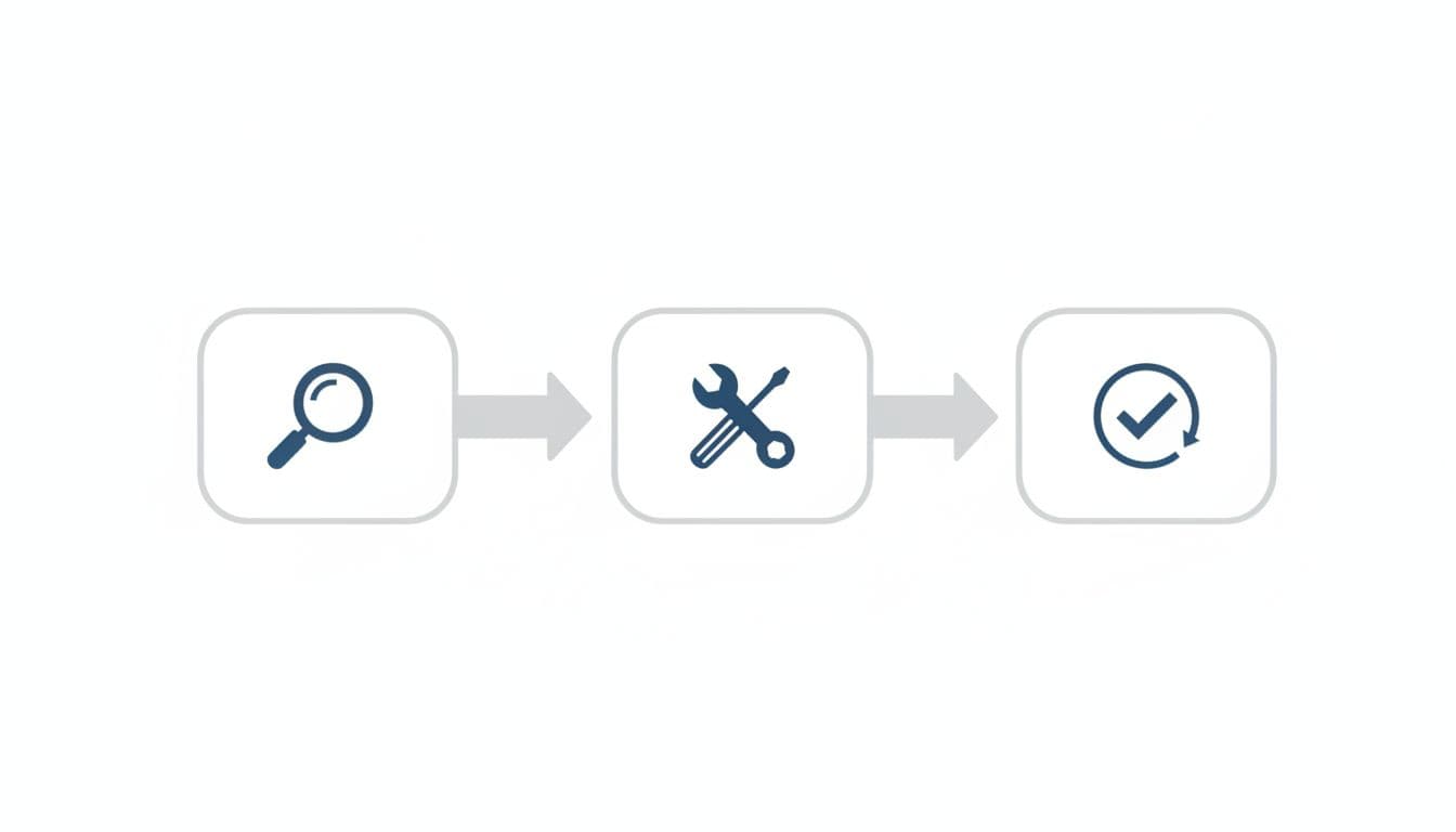 A minimalist diagram features three sequential connected boxes representing a detect, fix, and verify workflow.