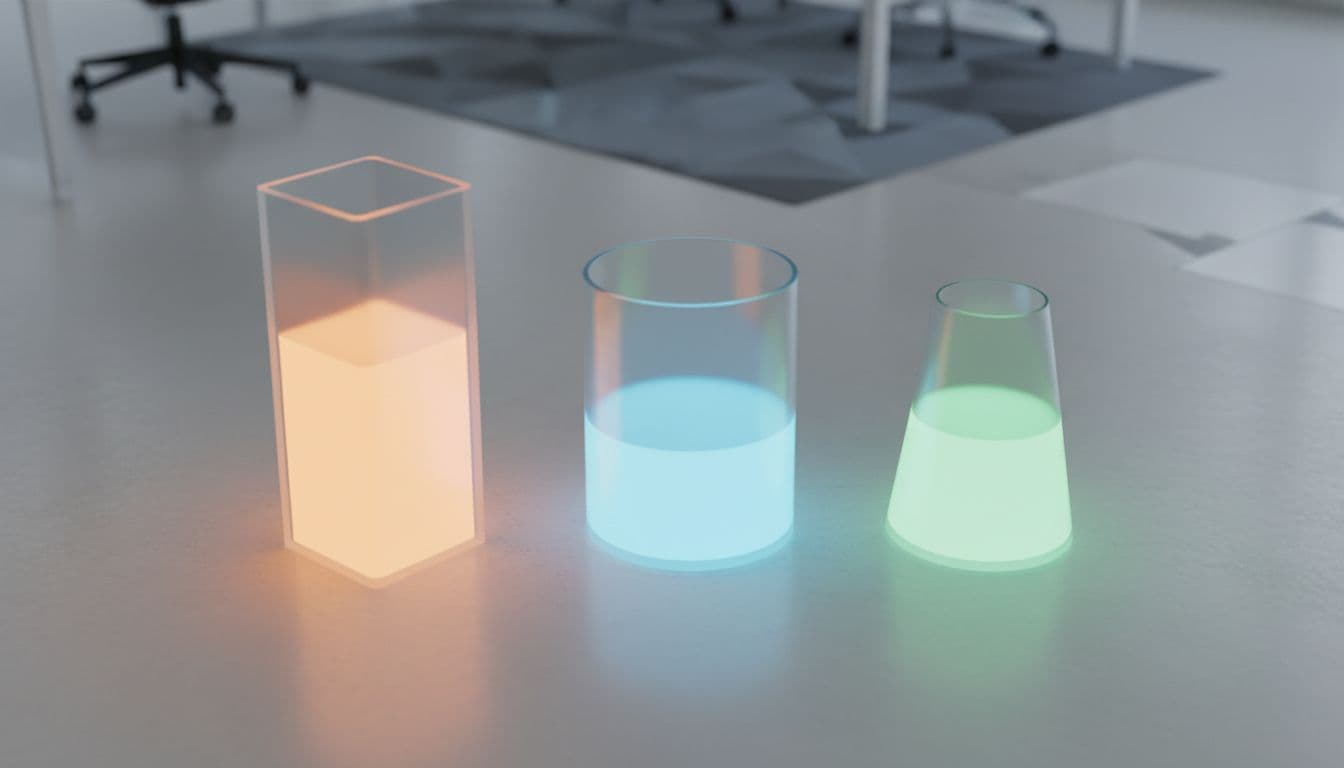 Three translucent glass vessels sit in a row on a clean surface, containing varying amounts of soft ambient light. This isometric view illustrates distinct financial buckets within a professional environment.