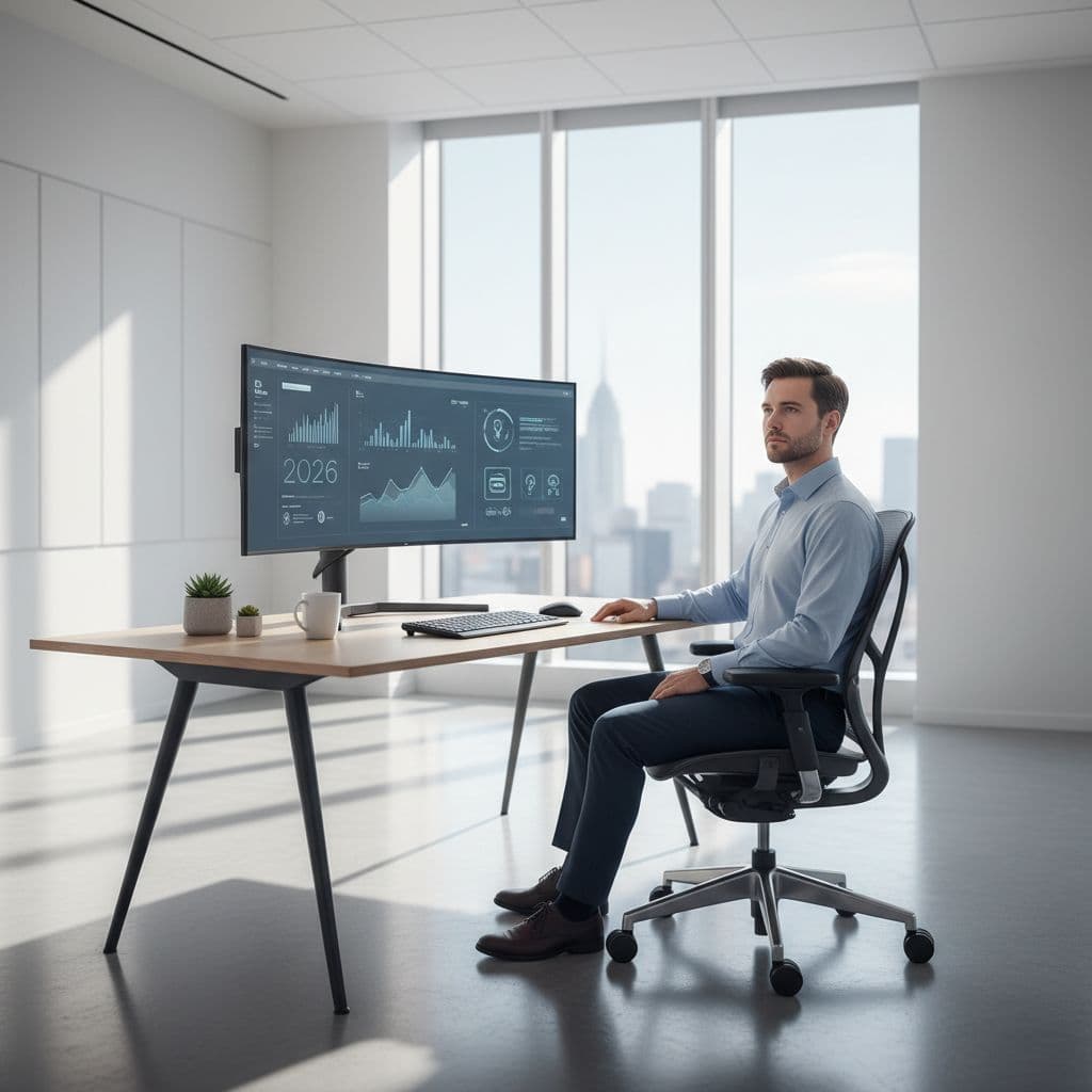 A focused employee sits at a minimalist desk inside a bright, modern office space. A computer monitor displays data workflows while the individual maintains a calm expression during daily tasks.