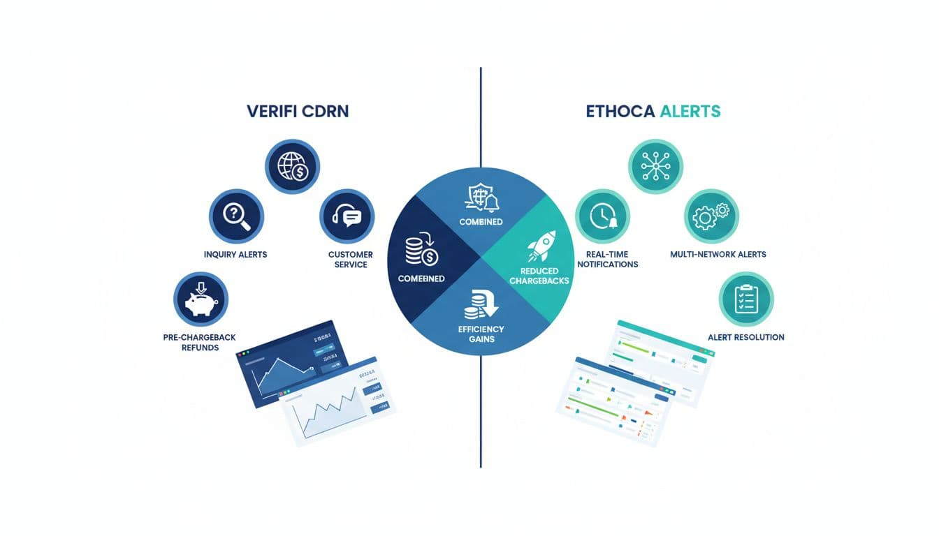 Clean modern B2B fintech illustration comparing Verifi CDRN and Ethoca Alerts for chargeback prevention, with split views of features and central overlap showing combined benefits.