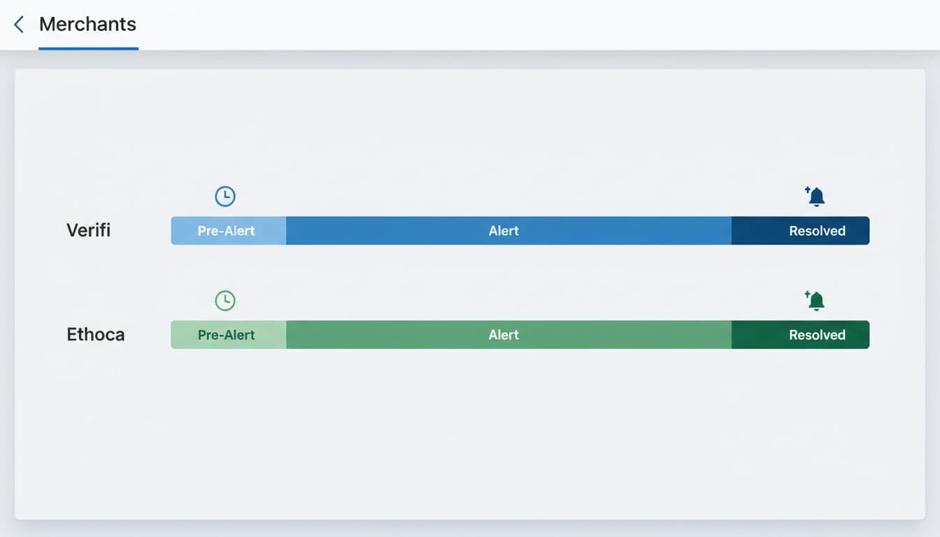 A clean timeline graphic on a merchant dashboard screen showing chargeback alert timing windows for Verifi and Ethoca programs, with labeled phases like pre-alert and alert stages, simple clock and notification icons in modern flat design.