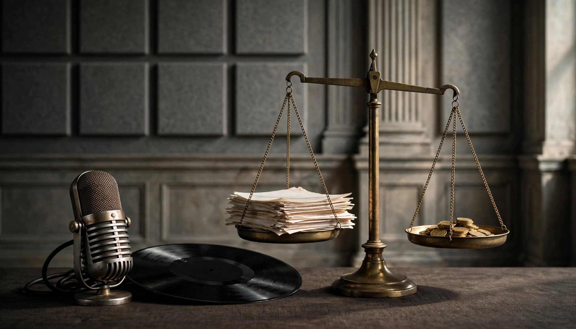 A vintage microphone, record, and brass scale balance documents against royalty coins.