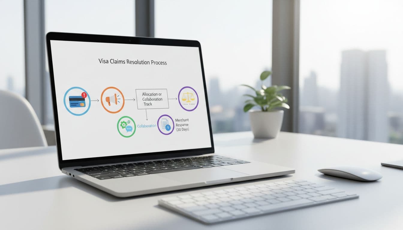 A clear flowchart diagram on a computer screen depicting the Visa Claims Resolution process for merchants, from customer dispute through allocation or collaboration tracks to resolution, using simple icons in a modern flat design.