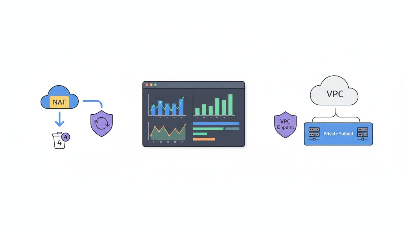Infographic icons show VPC endpoint replacing NAT Gateway with EC2 in private subnet, deleting idle IPv4 addresses, and monitoring dashboard with charts.