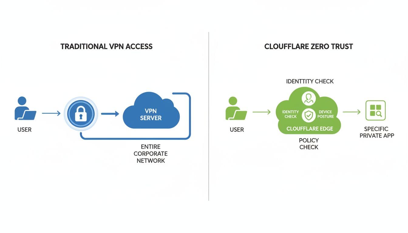 Side-by-side diagram: left blue VPN panel shows user icon to server with full network tunnel; right green Zero Trust panel shows user via edge with identity, posture, policy icons to specific app.