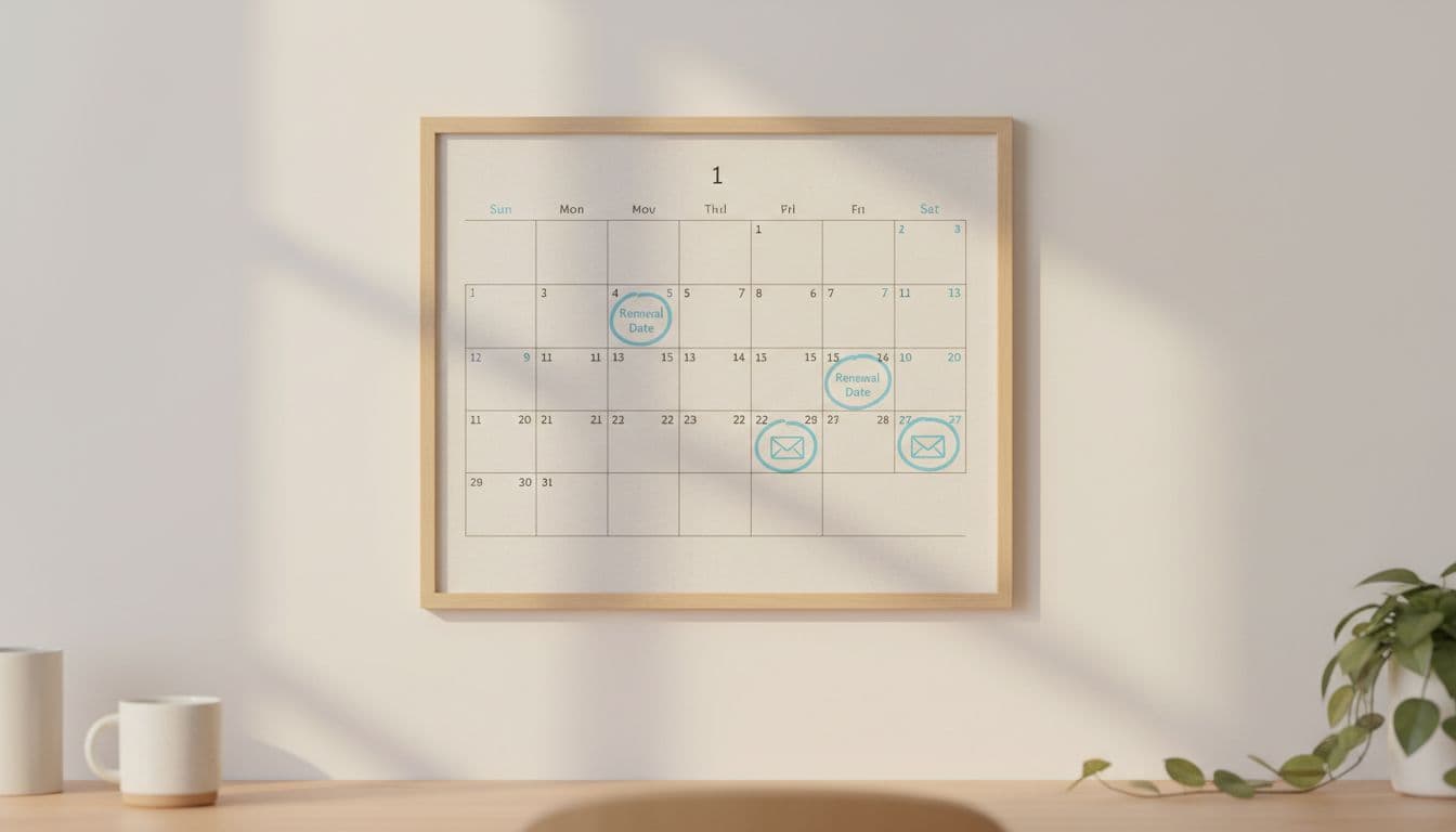Wall planner in cozy home office marks renewal dates with email icons under warm lighting.