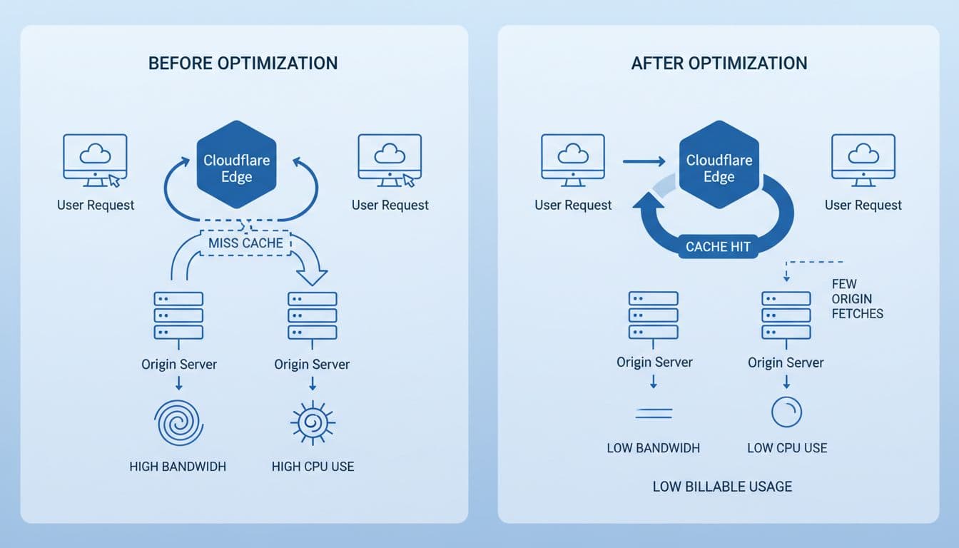 Side-by-side flowcharts show web traffic flow before and after optimization: left panel with cache miss to origin server, right with edge cache hit.