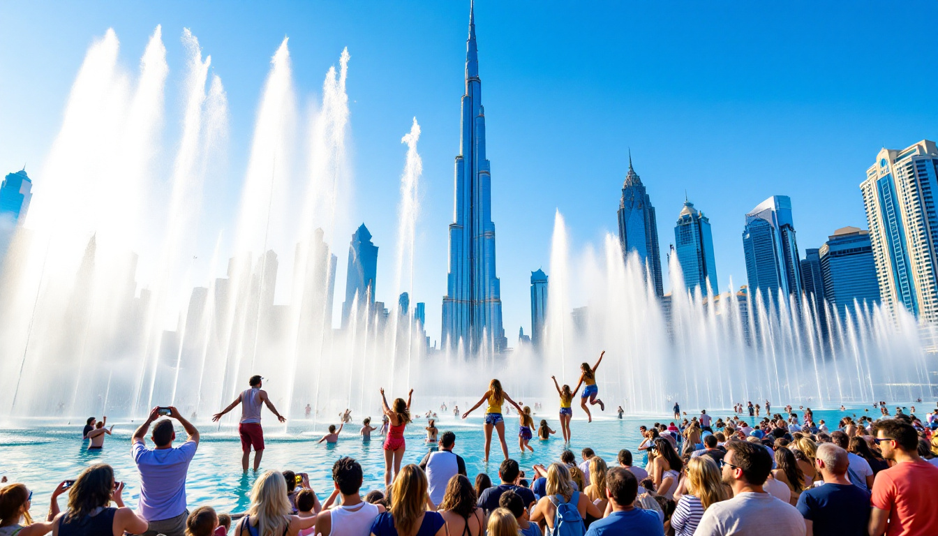 Families and visitors enjoy a lively afternoon Dubai Fountain show by Burj Khalifa under a clear blue sky