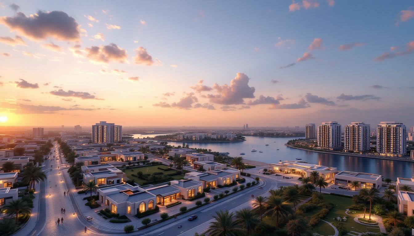 Aerial view of Abu Dhabi, showing Al Reem Island and Saadiyat. Modern apartments, villas, and lush landscaping with the city skyline at sunset. Image created with AI.