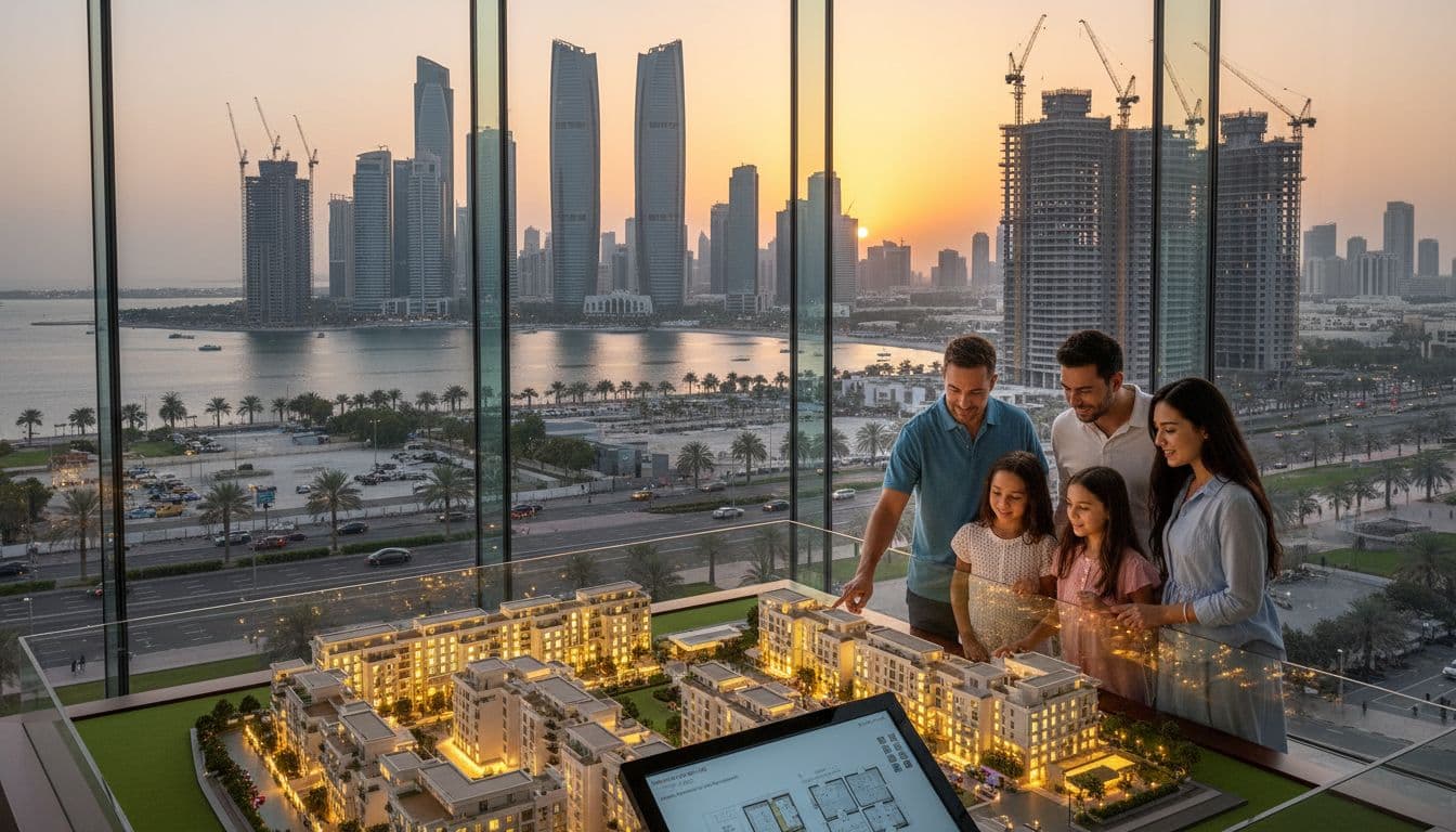 Abu Dhabi dusk cityscape with real estate developments and a family viewing property models