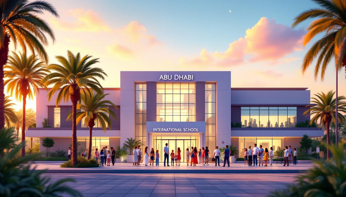 Modern scene showing a hospital and international school in Abu Dhabi, with palm trees, a sunlit skyline, and diverse families. Image created with AI.