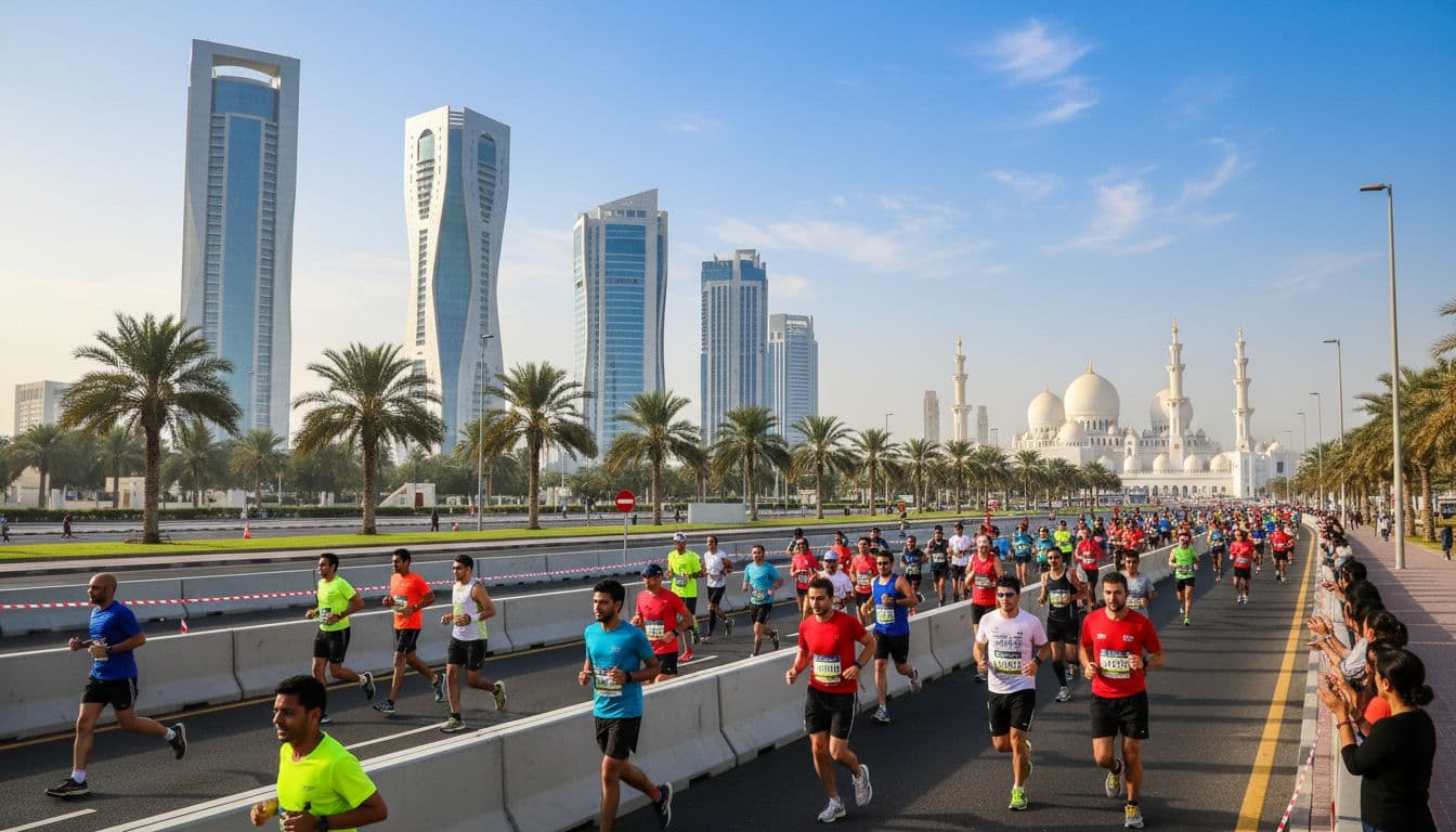 Runners on Abu Dhabi marathon route with skyline and partial road closures