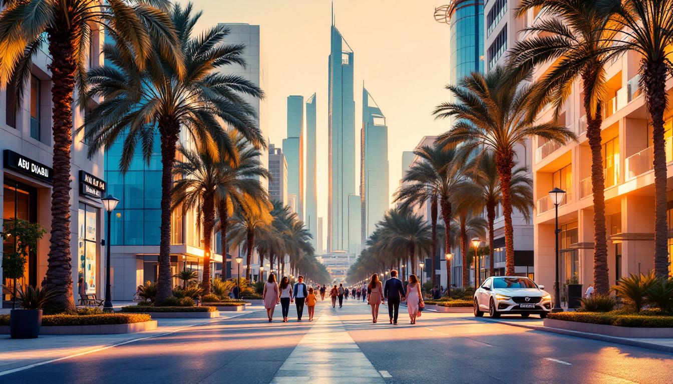 Abu Dhabi city street with palm trees and modern buildings, afternoon golden light, families and professionals walking. Image created with AI.