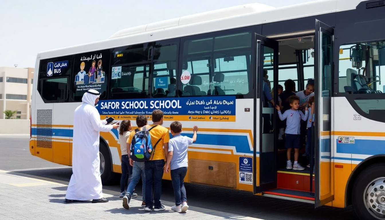 Abu Dhabi yellow school bus, clear signage, and adults ensuring children board safely. Image created with AI.