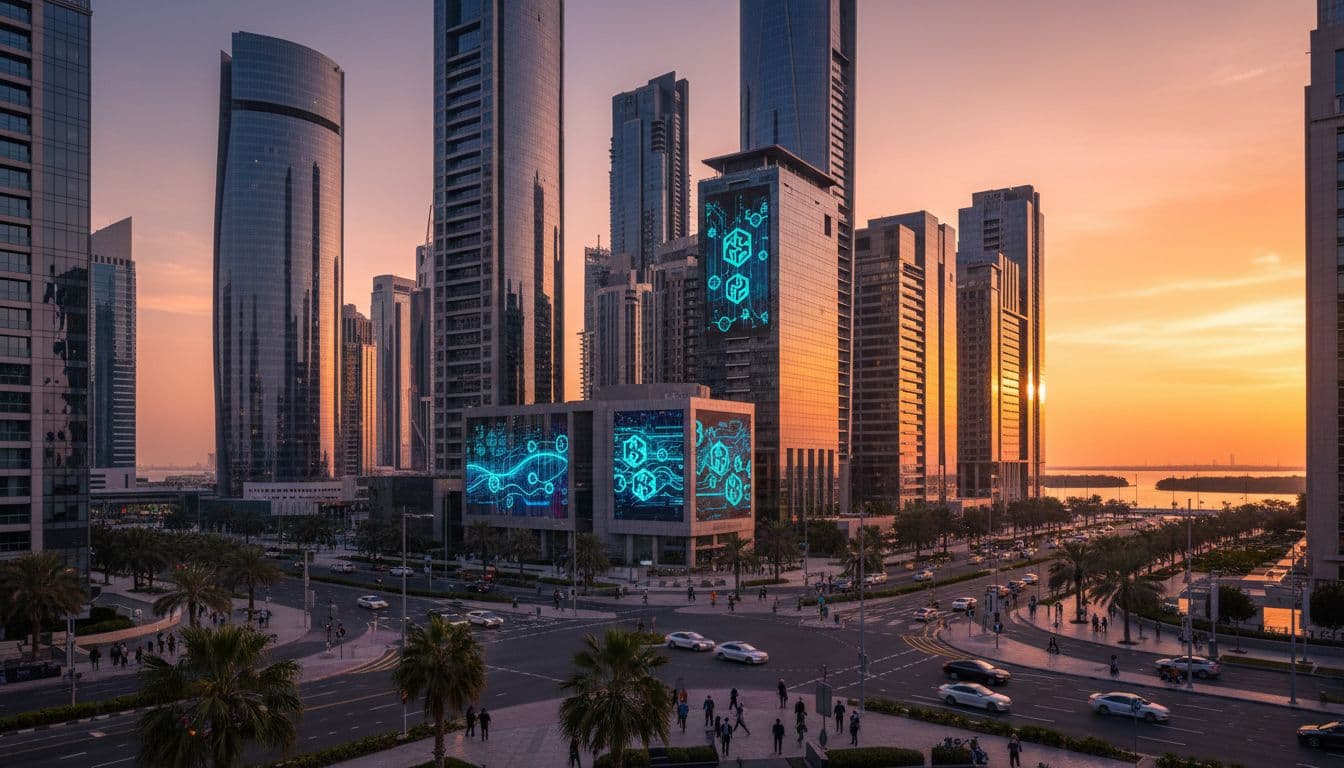 Abu Dhabi financial district skyline at sunset with glass towers and business people walking, Image created with AI