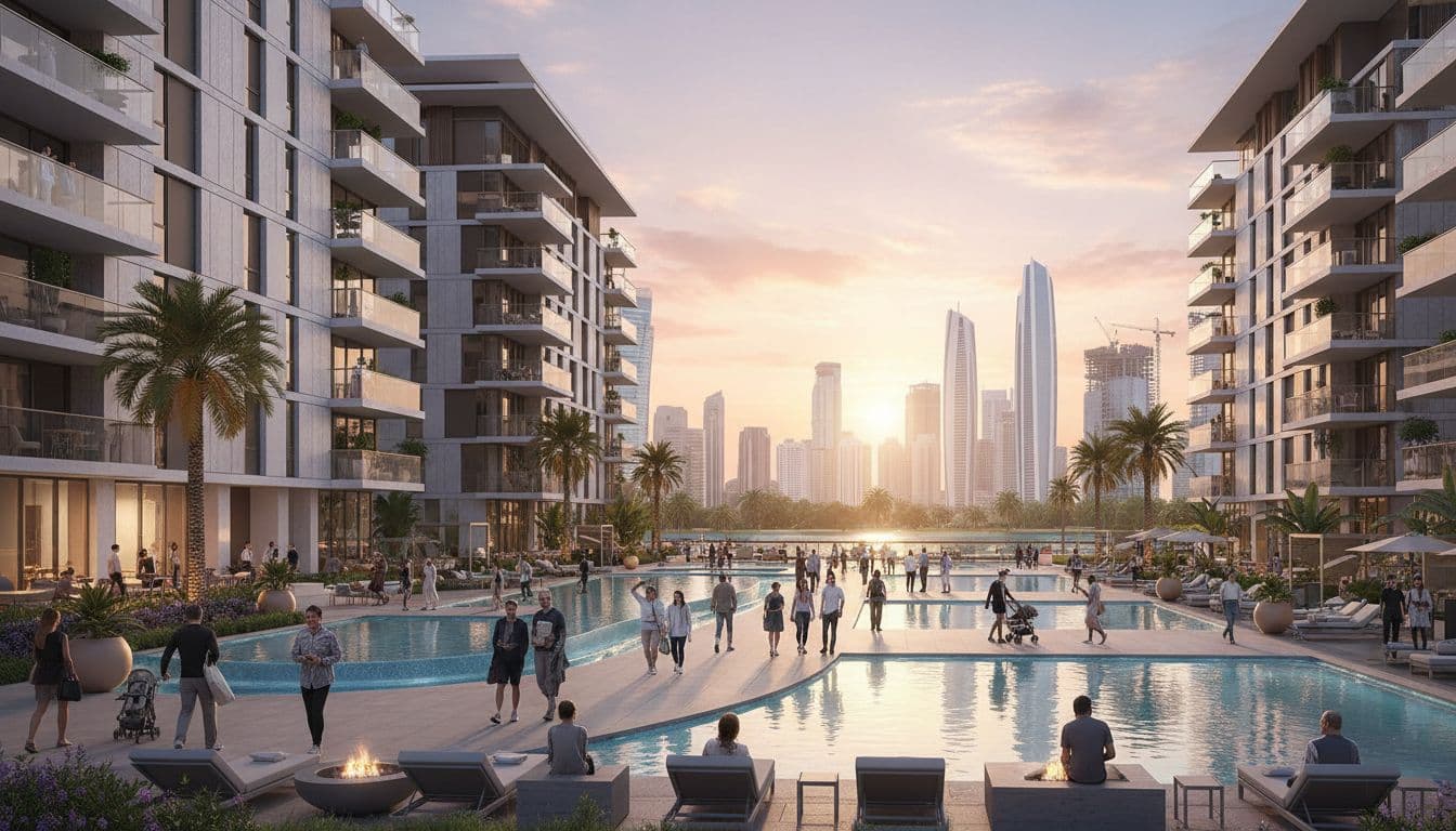 AI generated image of modern waterfront apartments in Abu Dhabi at sunset with people walking along a promenade.