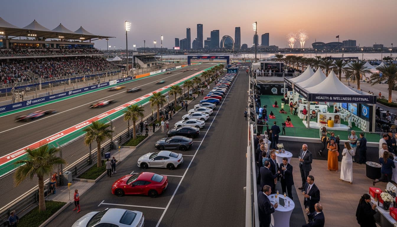 Abu Dhabi Yas Marina Circuit during Grand Prix weekend with crowds and cars, image created with AI