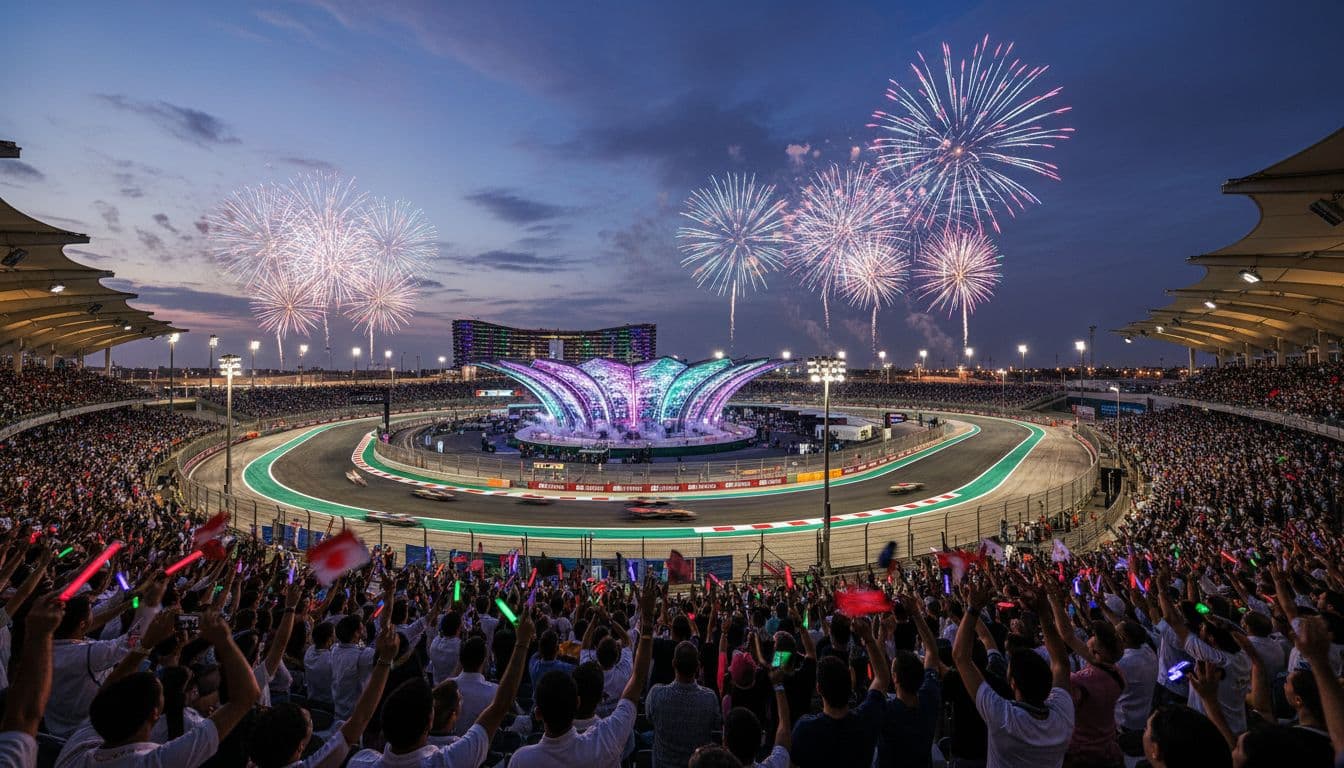 Abu Dhabi Yas Marina Circuit during Formula 1 Grand Prix at sunset. Image generated by AI.